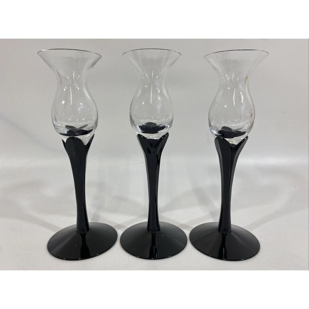 Fostoria Black Ebony Lotus Candlesticks Set Of 3‎ 7.5” Opaque Crystal